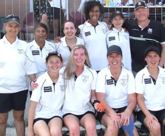 Our victorious 2022/23 team. L-R. Back - Sandra Verschoor, Sridevi Thoppe, Sarah Fenn, Jane Greenshields, Tara Newman, coach Darren Nagle. Front - Katherine Baker, Kelsie Armstrong, Sarah Gooden and Yasmin King.