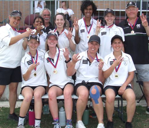 Our Premiership-winning women's team: L-R. Back - Sandra Verschoor, Sridevi Thoppe, scorer Charlie Walker, Sarah Fenn, Jane Greenshields, Tara Newman, coach Darren Nagle. Front - Katherine Baker, Kelsie Armstrong, Sarah Gooden and Yasmin King.