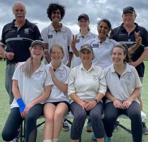 our Semi Final winners: L-R: Back - scorer Charlie Walker, Jane Greenshields, Tara Newman, Sridevi Thoppe and coach Darren Nagle. Front - Kelsie Armstrong, Katherine Baker, Sandra Verschoor and Sarah Fenn.