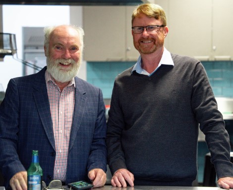 Tallying up the takings - in the canteen. Allan Cumming (left) and chef Dean Lawson.