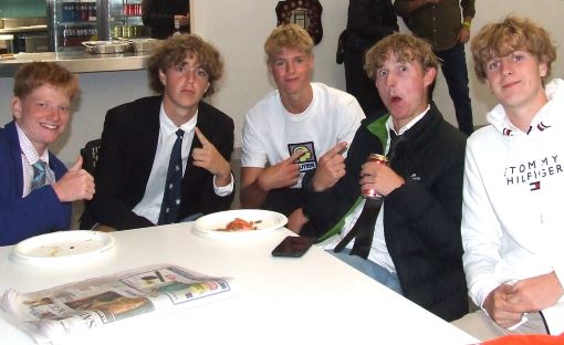 Enjoying a feed: L-R Zac Nilsson, Blake, Cruz, Luka Anderson and Jordy Walsh.