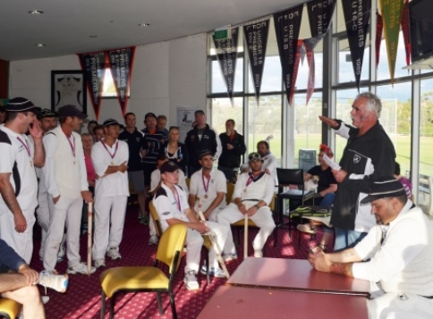 A moment in the rooms: President Charlie Walker holds the crowd as he requests a bit of indulgence while he recaps the journey some of our players have followed on their way to the holy grail of their first flag.