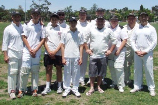 The Moonee Valley team for the milestone game: L-R Lou Raffaele (acting captain), Matthew Wenlock, Luke Brock, Steven Herbert, Jono Lee, Ian Denny, Michael Harvey, James Holt (front), Mark Gauci, Trent Milne and John Talone.