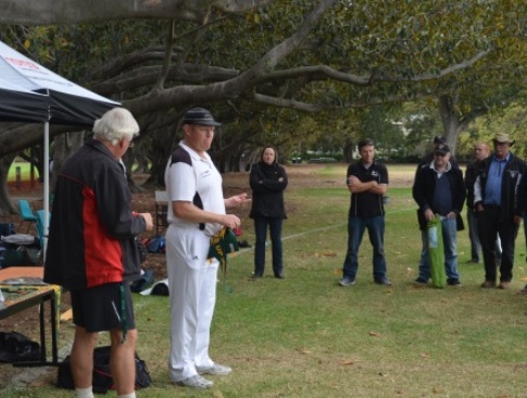 Mercantile president Bill Craddock and te Moonee Valley faithful listen as our Fifths skipper Darren Nagle congratulates Canterbury on the win and endorses our club's decision to move its lower turf teams to MCA.