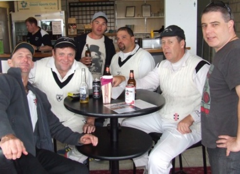 A chance to relax after a hard day: L-R: Michael Harvey, Simon Thornton in the bar, James Holt, Dean Jukic, Sandro Capocchi, Ian Denny and Daniel Phillips.