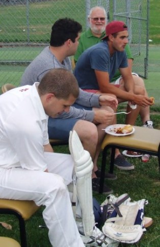 Waiting in line for the call that never came: Bede Gannon's close mate and former junior teammate Kilian Cusack wasn't required to bat, but was kitted up and ready in the Thirds match. At the far end is his father, Moonee Valley councillor  and our cricket club supporter Jim Cusack.