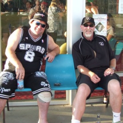 Two warriors wind down outside the Ormond Park pavilion after a hard weekend in the middle - James Holt (left) and Kevin Gardiner.