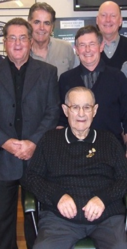 A gathering of greats: At a 2013 event at Ormond Park, founding president Alex McLeod is flanked by (L-R) past president/club founder Ray Storey, gun fast bowler from our first-ever team Colin Netherclift, son and club founder Rod McLeod, and past president Peter Gardiner.