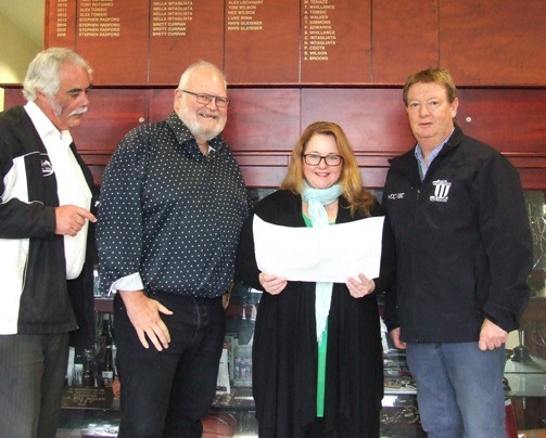 Looking over the signed-off plans in our Ormond Park clubrooms: L-R Cricket Club President Charlie Walker, Moonee Valley Councillors Jim Cusack and Nicole Marshall, and Football Club President Steve Radford.