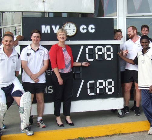 Mary-Anne Lane from CPB Contractors shows her support for Moonee Valley Cricket Club with players (from left) Dean Jukic, Matt Esmore, Daniel Comande, Nate Wolland, Stephen Esmore and Nadeera Thuppahi.