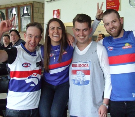 Bulldogs supporters (some of them real supporters) L-R Ben Thomas, Jesse Nankivell-Sandor and partner Nysaa, and Matt Thomas (Bulldog impostor). 
