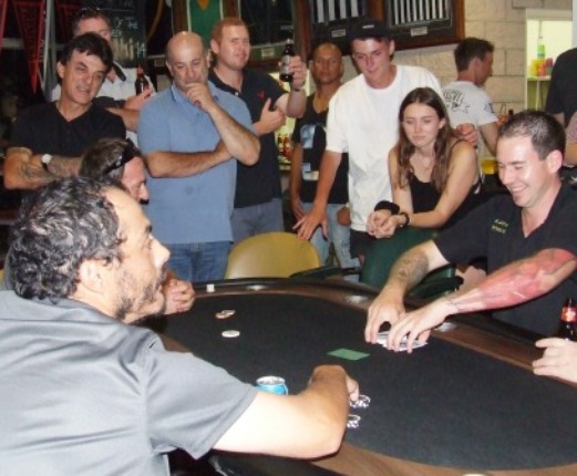 Danny Terzini (left) and Peter Whebell were the last men standing as tournament organiser Kav deals the cards.