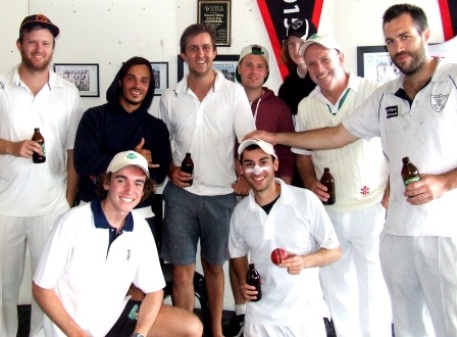 Samuel Fontana with his five-for ball celebrates with his team-mates: L-R (Back) Justin Trowell, Nicholas Waugh, Paddy Shelton, Dominic Rettino, Dillon Barrett, Stephen Philp and Liam Farrell. (Front) Samuel Philp and Samuel Fontana.