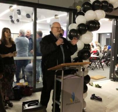 One of the champions of our new pavilion, Cr Jim Cusack speaks at the opening, watched by Mayor Narelle Sharpe.