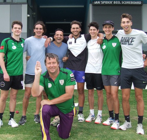 Shaun's next target is 300 games - he's showing us with his fingers. Behind him are teammates from Game 200 - L-R Tom Janetzki, Anthony Cafari, Bill Nimorakiotakis, Luke Brock, Felix Fischer, Luca Nimorakiotakis and Steve Esmore.