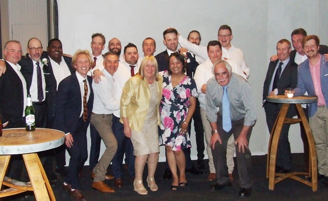 Moonee Valley cricketers past and present celebrating the wedding of Matt Thomas and Vanessa Riggio. L-R Sean O'Kane, Alan Thomas, Channa DeSilva, Joshua Maginness, Ben Thomas, Dean Jukic, Murray Walker, Anthony Riggio, Adele Walker, Jim Polonidis, Matt Thomas, Tien Polonidis, Brendan McKeegan, Mark Gauci, Charlie Walker, David Leece, Geoff McKeown, Jim McKenzie and Bede Gannon.