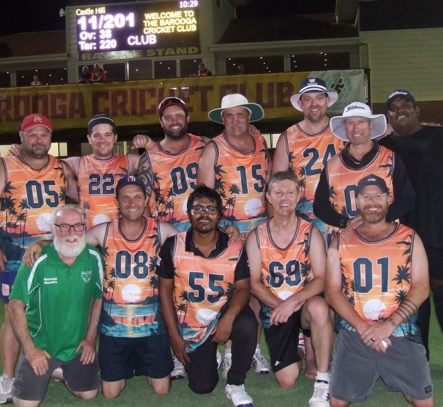 Our winning team for Game 4, which played under lights on the Barooga No. 1 ground. L-R: Back - Glen Courts, Stephen Ward, Ben Lucas, Tony Gleeson, Matt Thomas, Cameron McGregor and Channa DeSilva. Front - Allan Cumming, Jason Ripa, Maks Rahman, Craig Pridham and Peter O'Kane.