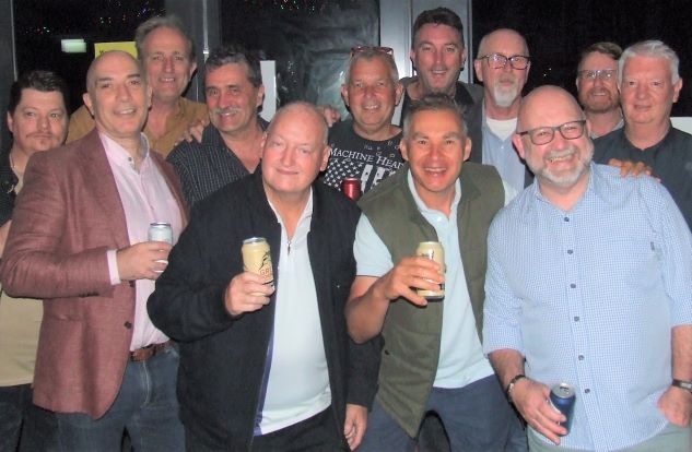 Hip, hip to the Skip. Brett Curran and MVCC teammates at his 60th: L-R Mark Gauci, John Talone, Brett Curran, Tony Gleeson, Peter Bevis, John Roberts, Dean Jukic (front), Jim McKenzie, Kevin Gardiner, Paul Hobbs, Dean Lawson and Steve Radford.