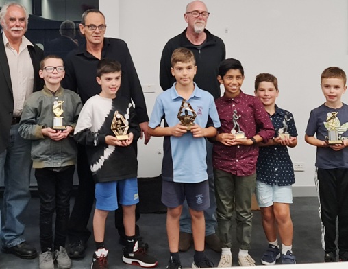 L-R: Our Under 10s. President/Junior Co-ordinator Charlie Walker and coaches Pat Taylor and Kevin Gardiner with Blake Williams, Lukas Karagiannis, Julian Marchionno, Xavier Roberts, Thomas Giuliano and Leon Tornello.