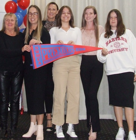 Our Second premiership flag - L-R Adele Walker, Sarah Gooden, Cricket Victoria Head of Female Cricket Sharelle McMahon, Tara Newman, Kelsie Armstrong and Audrey Brown.