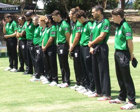 Moonee Valley players lined up to honor Heath Webb-Johnson and Gary Pascu. From left: captain Jack Newman, Jordon McDonald, Jesse Felle, Geoff McKeown, Michael Oddie, Muhammad Ashraf, Sam Younghusband, Alec McIntyre, Dejan Gilevski, Luke Brock and Charles Bibby.