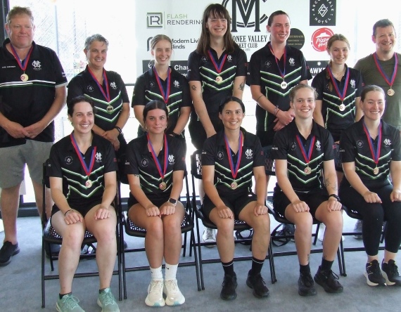 Our all-conquering team: L-R. Back - coach Darren Nagle, Sandra Verschoor, Fiona Bathie, Abby Pruijmboom, Siobhan Donohoe, Katherine Baker and electronic scorer David Baker. Front - Sarah Fenn, Maddie Dutton Johnson, Yasmin King, Sarah Pamment and Mackayla Coote. Our all-conquering team: L-R. Back - coach Darren Nagle, Sandra Verschoor, Fiona Bathie, Abby Pruijmboom, Siobhan Donohoe, Katherine Baker and electronic scorer David Baker. Front - Sarah Fenn, Maddie Dutton Johnson, Yasmin King, Sarah Pamment and Mackayla Coote.